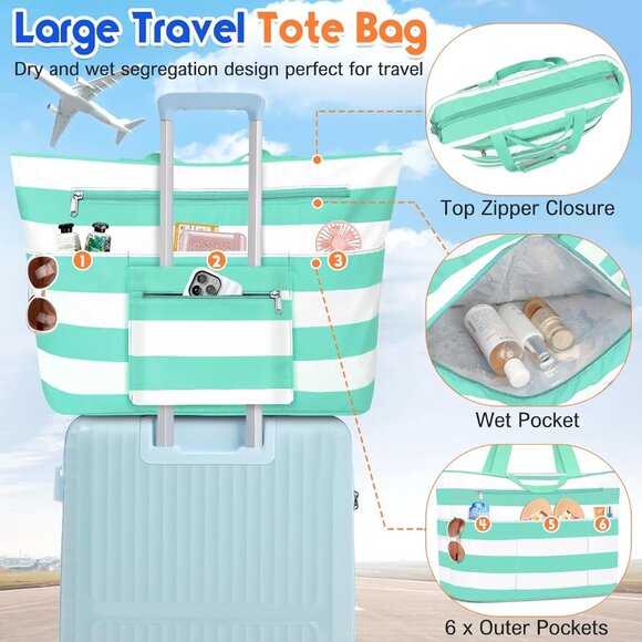 Women's Green White Waterproof Sandproof Xl Tote Zipper Foldable Beach Bags - Picture 3 of 8